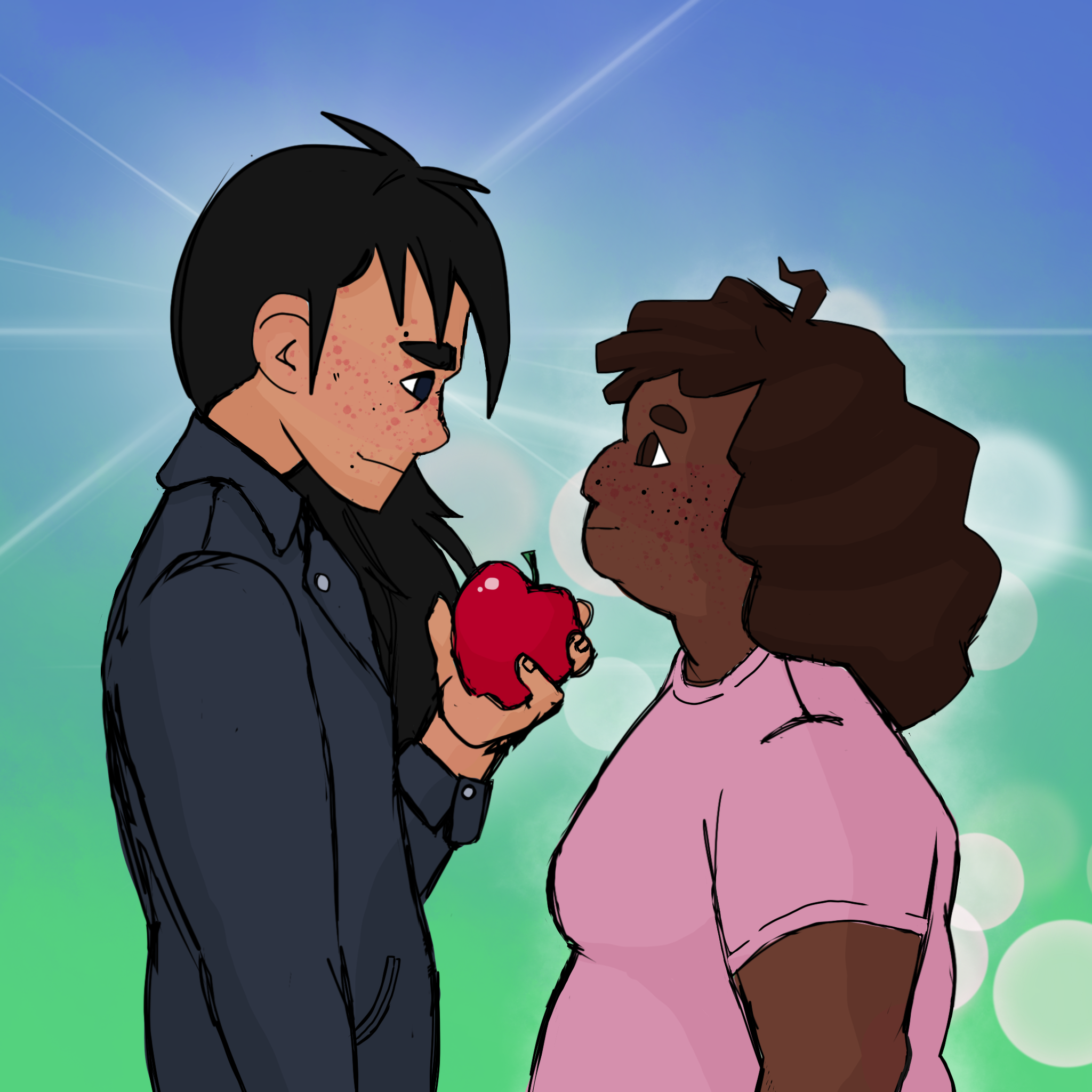 Octavia and Lucy holding the apple.